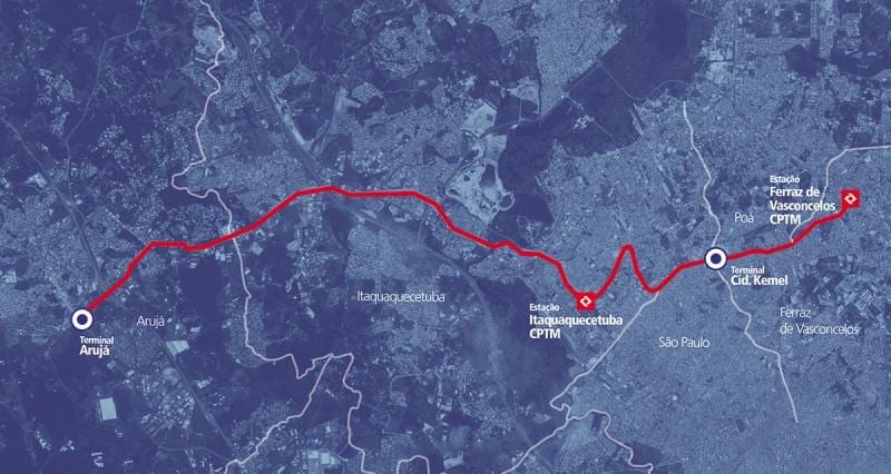 Mapa del corredor BRT metropolitano Perimetral Alto Tietê